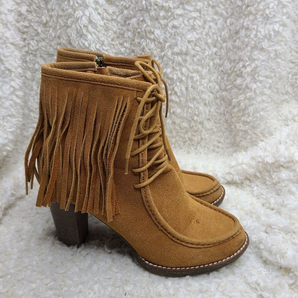 Bucco Maddasyn Fringed Vegan Leather Side Zip Laceup Ankle Boots sz 9